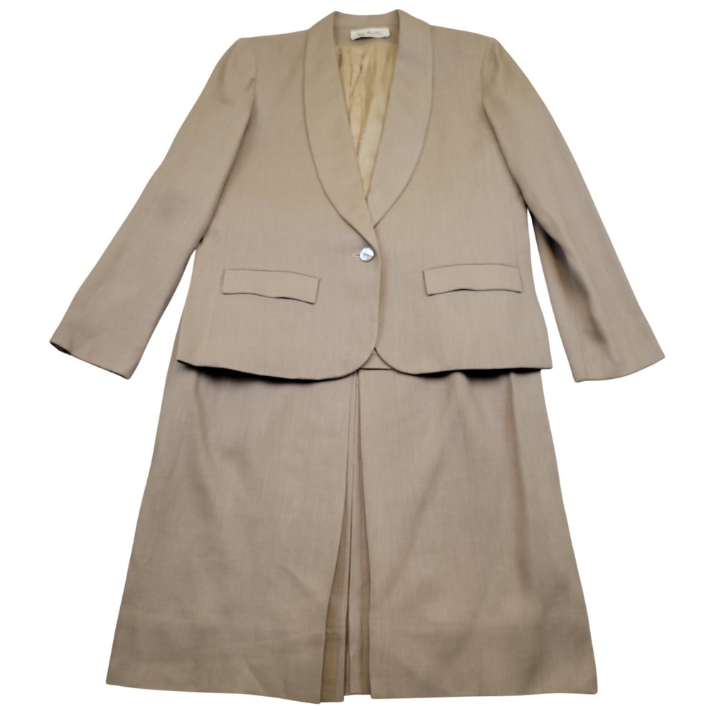 VTG Frank Masandrea Womens 12 Front Pleat Linen Skirt Jacket Suit Set Tan Beige‎